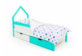 Кровать-домик мини Svogen с ящиками и бортиком мятно-белый