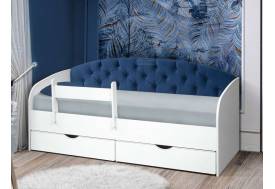 Кровать с мягкой спинкой Софа №9 синяя с бортиком 800х1600